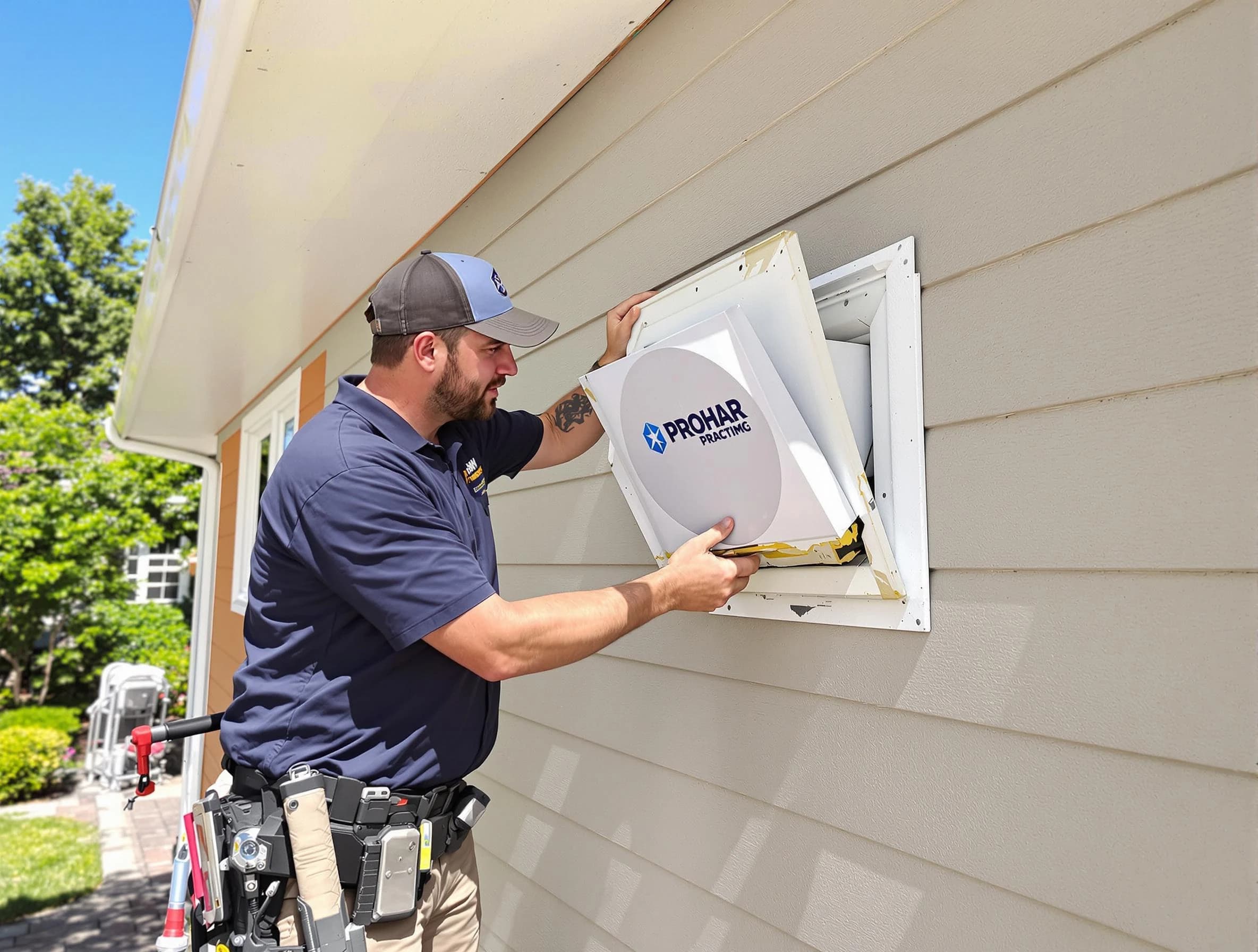 Adamsville Dryer Vent Cleaning technician installing a new protective dryer vent cover on a home in Adamsville
