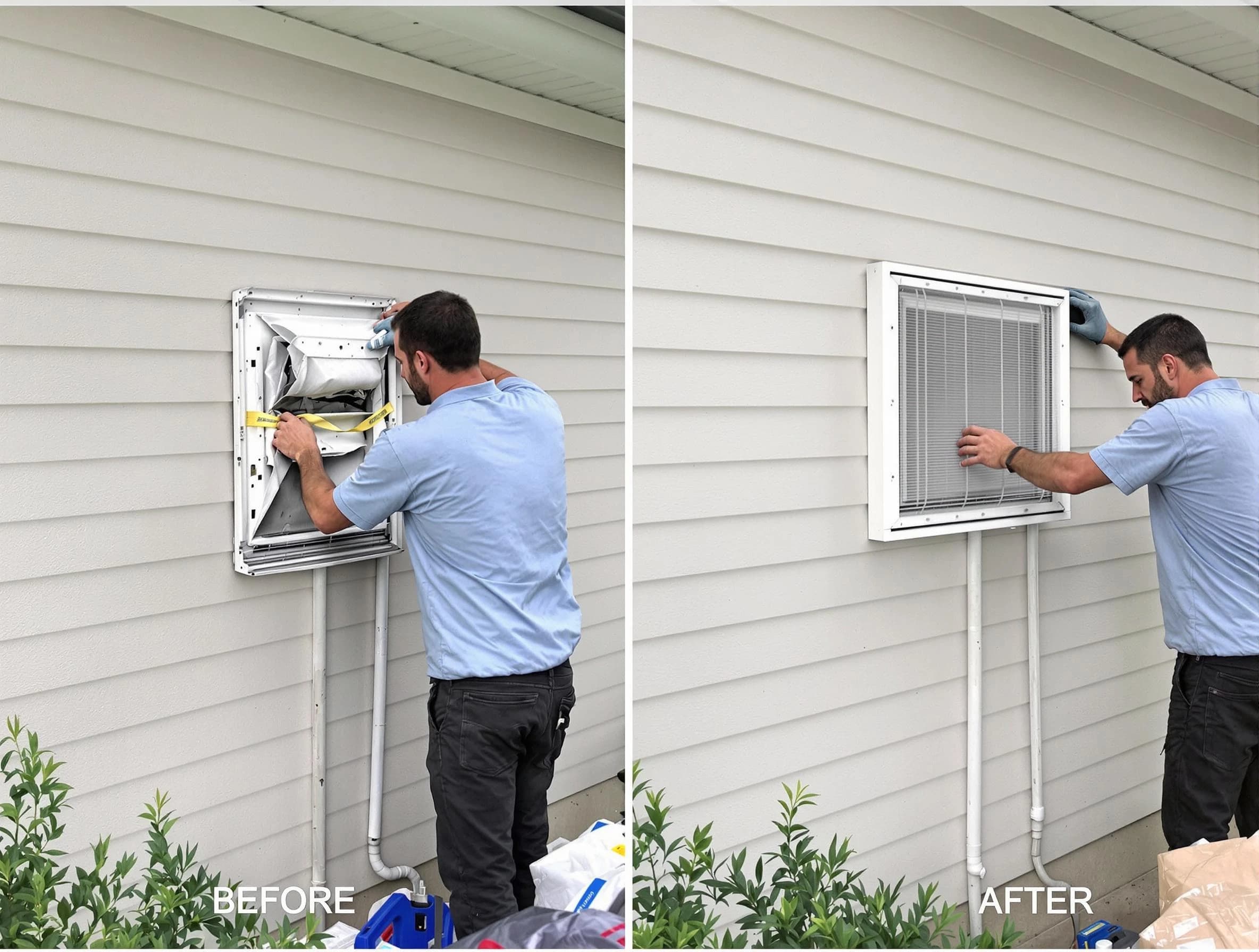 Adamsville Dryer Vent Cleaning technician installing high-quality dryer vent cover at a residential property in Adamsville