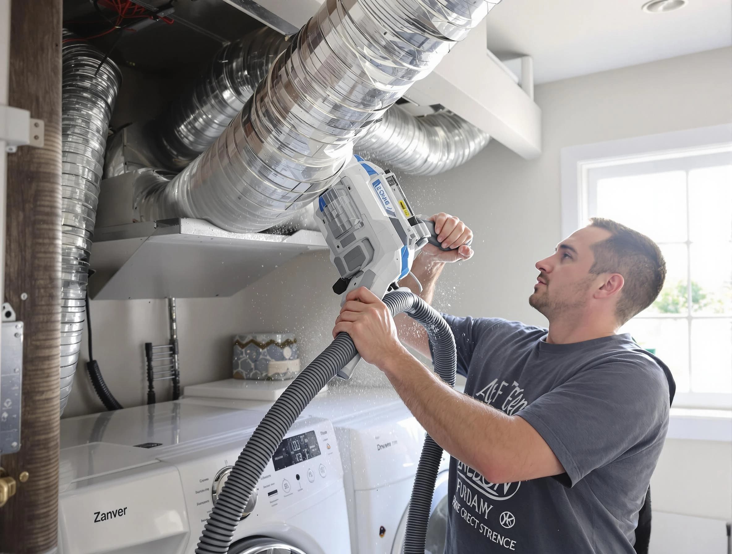 Adamsville Dryer Vent Cleaning specialist cleaning deep within a dryer vent duct system in Adamsville