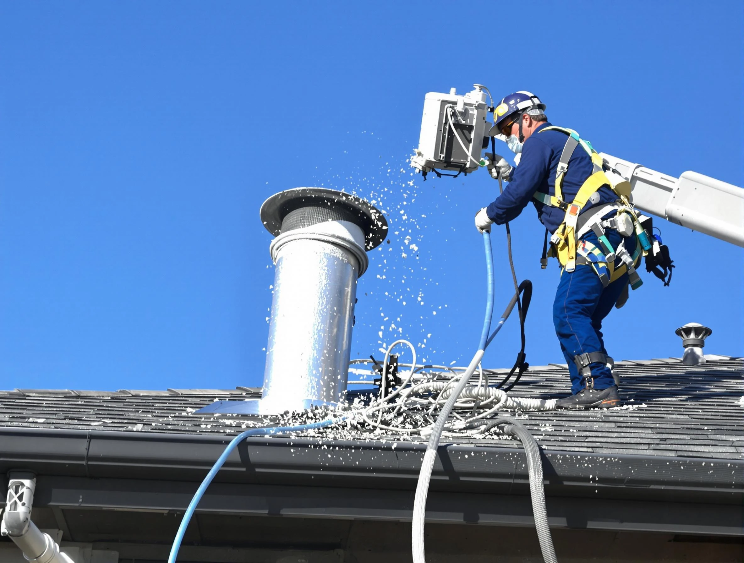 Adamsville Dryer Vent Cleaning certified technician safely cleaning a roof-mounted dryer vent in Adamsville